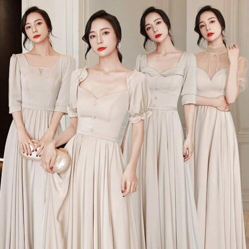 Bridesmaids Dresses Vintage V-Neck Short A-Line Jersey Pearls Floor-Length Luxury Beige Elegant Women Wedding Party Gown E384