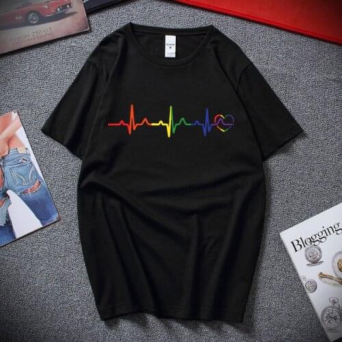 Rainbow Heartbeat T-Shirt Mens lgbtq+ gay pride heart lesbian trans bi queer Cotton Short Sleeves T shirt Streetwear Tops