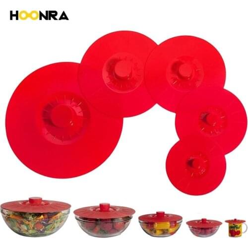 HOONRA 5Pcs/set Silicone Spill Stopper Pot Lids Silicone Suction Lid Bowl Cover Food Saver Silicone Food Cover Kitchen Tools