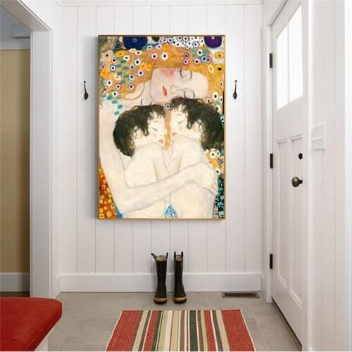 Twins Baby Sleep In Moms Arms Canvas Paintings By Gustav Klimt Reproduction Canvas Poster Pictures for Living Room Decor