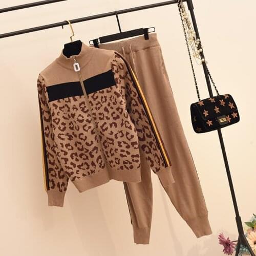 High Quality Autumn Winter Tracksuit Women Leopard Print Zipper Knitted Cardigan Pants Suits Fashion Slim Jumper Two Piece Set
