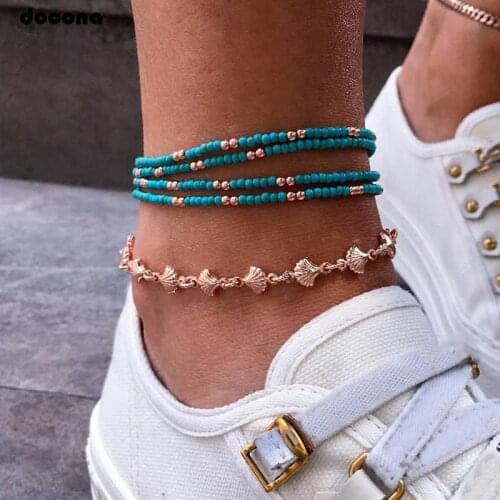 Docona Boho Shell Green Beaded Anklet Set for Women Multilayer Elastic Foot Chains Bracelets Beach Jewelry Tobilleras 3258