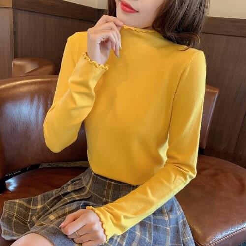NEW thin wood ear half high collar sweater autumn new womens T-shirt harajuku coat long sleeve shirt women shirts plus size