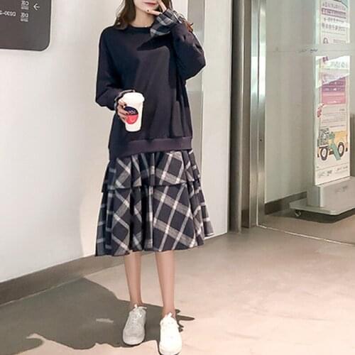2021 Autumn Winter Oversized Women Dress Long Sleeve O-Neck Ladies Vestidos Plaid Patchwork Ruffles Robe Fake Two Piece Dresses