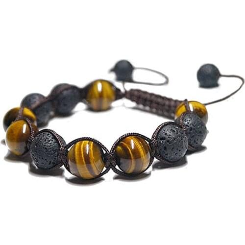 Drop Ship 12mm Volcanic Stone Beaded Bracelet Handmade Black Lava Rock Stone Tiger Eye Stone Bracelets Mens Jewelry Bangles