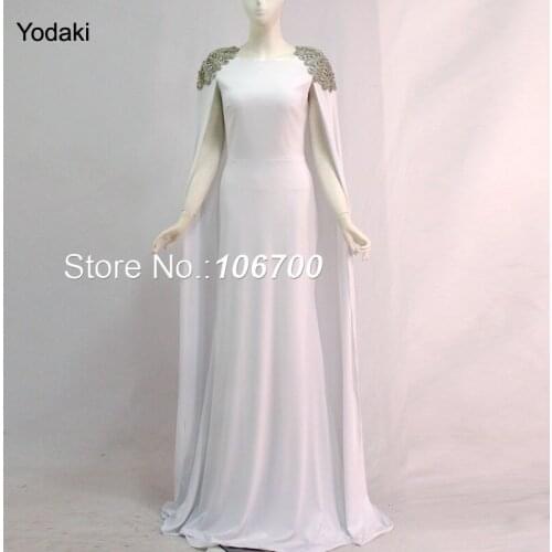 Real Photos Cape Wrap Arabic Fashion Evening Dresses Hand Make Crystal Beading Boat Neck Layered Long White Pageant Prom Gowns