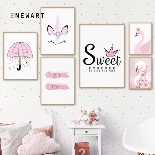 Pink Swan Unicorn Cartoon Wall Art Painting Child Poster Nursery Quote Canvas Print Nordic Baby Girl Room Decorative Picture