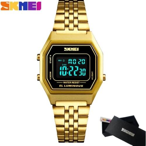 SKMEI Womens Simple Digital Watches Fashion Women Stainless Steel Casual Watch 30M Waterproof LED Clock Relogio Reloj
