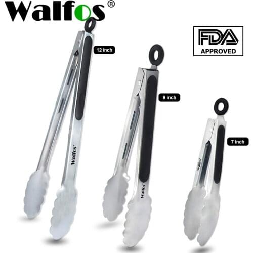 WALFOS BBQ Grilling Tong Salad Serving Food Tong Stainless Steel Metal Kitchen Tongs Barbecue Cooking Locking Tong