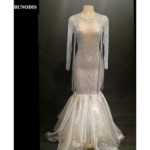 ZD41303 Women Sexy White Long Skirt Simple Version Material Spandex Silver Bling Sparkling Crystals Nightclub Party Stage Wear