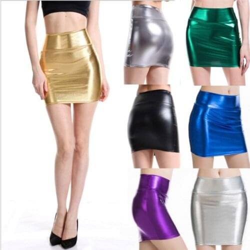 DROZENO Feminine fashion all-match performance clothes PU bag hip skirt bronzing pure color womens short skirt one-step skirt