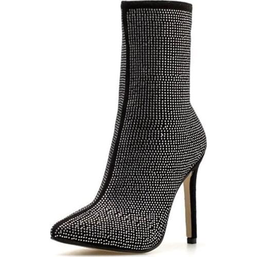 Women Booties Winter New Shiny Rhinestone Decorative Side Zipper Pointed 11.5CM High Heel Boots Fashion Comfortable Shoes Women