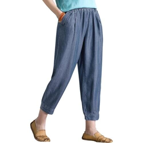 Women High Waist Denim Jeans Vintage Elastic Tiansi Jeans Loose Harem Pants High Quality Casual Denim Pants Large Size 4XL R956
