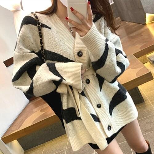 Aibeautyer New 2021 Striped Vintage Lace Up Knitwear Womens Autumn Winter Sweaters Thicken Elegant Cardigans Oversized