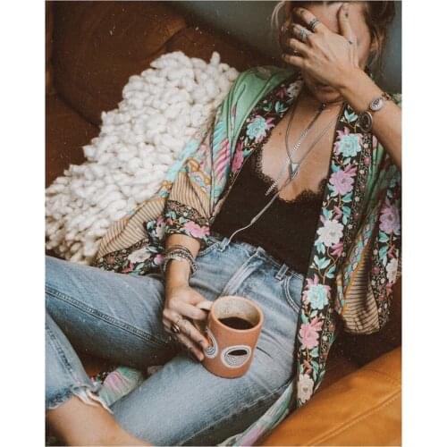 Happie Queens women floral print bat sleeve beach Bohemian Kimono robe Ladies V neck Tassel boho Summer sundress vestidos