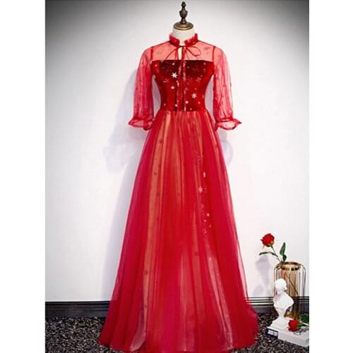 High Neck Long Sleeve Evening Dresses Floor Length Party Gown 2020 Style A-line Red Evening Dress Long Dress Robe De Soiree
