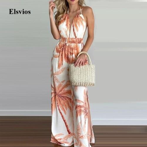 2021 Sexy Deep V Neck Split Party Jumpsuit Summer Halter Sleeveless Backless Romper Casual Fashion Print Women Wide Leg Playsuit
