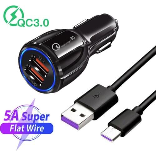 Quick Charge QC 3.0 USB Car Charger 5A Type C Cable For Huawei P20 Honor 9X 20 Redmi 8 Note 7 For samsung galaxy Tab S6 S5e S20