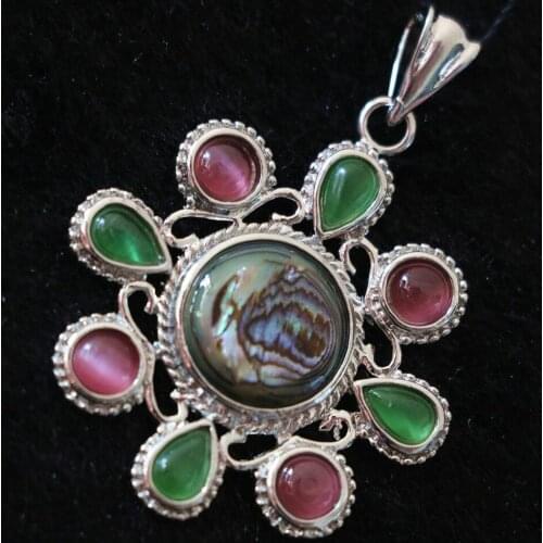 Classic New Natural Abalone Shell Pendant Leaf Round Flower Shape Cat Eyes Beads Silver-color Purfle Charms Diy Jewelry B1144