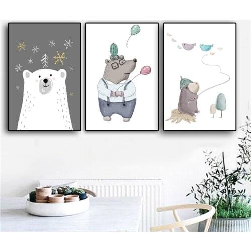 3Piece Cartoon Animal Bear Minimalist Canvas Painting Nursery Poster Print Scandinavian Modern Wall Picture For Kid Room Decor