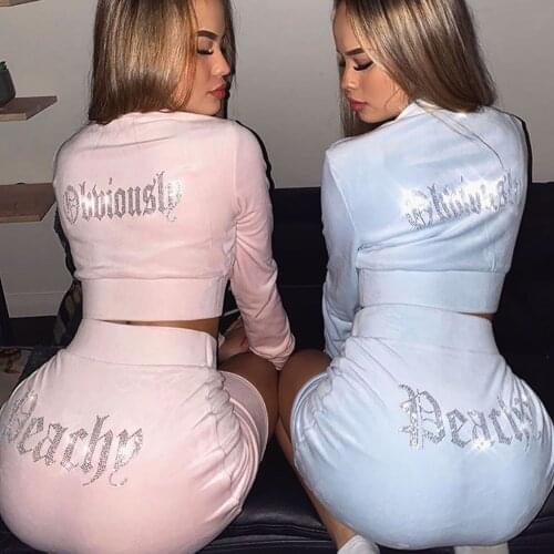 Fall Clothes for Women Velvet 2 Piece Set Streetwear Fashion High Neck Zipper Long Sleeve Top Shorts Two Piece Set