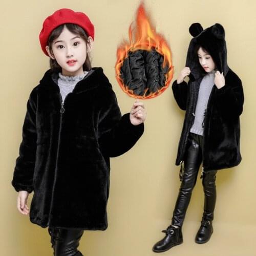 4-13T Unisex Faux Fur Coat Girl Boy Winter Warm Plus Cotton Coat Fashion Hooded Solid Thick Long Fluff Casual Jackets Black