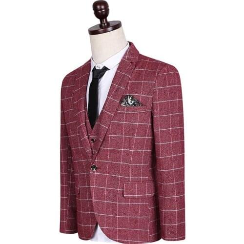 New Winter Luxury Mens Plaid Suits Casual Slim 3 Pieces Men Red Plus Size M-5XL High Qualty Wedding Dress Suits Costume Homme