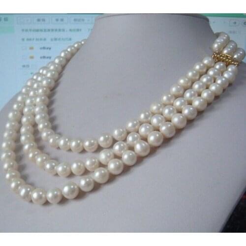 Charming 3 row natural 9-10mm south sea white pearl necklace 18"19"20"