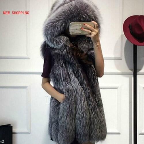 Furry Solid Colors Winter Elegant Women Hooded Fur Coat Luxurious Silver Fox Imitation Fur Vest Plus Size Ladies Fox Fur Coats