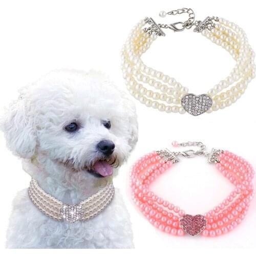 New Puppy Dog Choker Four Rows Pearls Necklace Collar Shiny Rhinestone Heart Shape Pendant Cat Collar Jewellery Pet Supplies