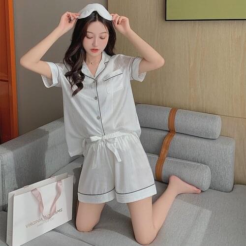Simple Striped Couple Shorts Pajamas Sets Women and men summer Satins ice Silk Short Sleeves casual Pyjamas Women Sleepwear
