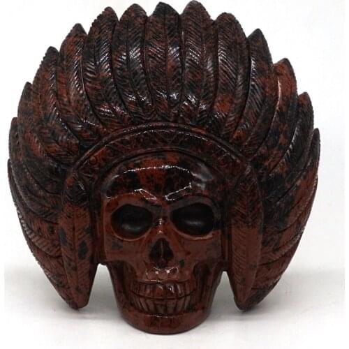 Indians Skull 4.7" Natural Red Mahogany Obsidian Carved Stone Statue Home Decor