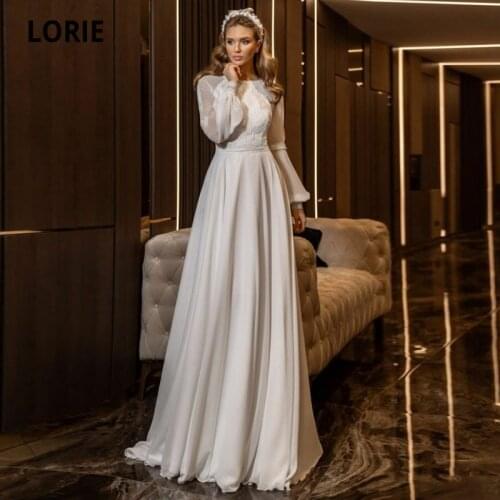 LORIE Bohemian Wedding Dresses O-Neck Appliques A-Line Wedding Gown Long Sleeves Custom Made Chiffon Arabic Bridal Dress 2021