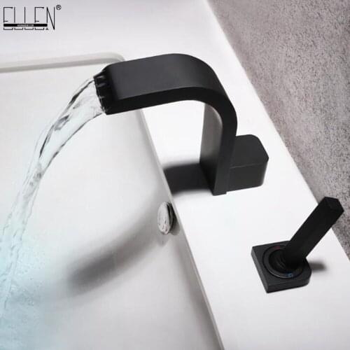 Vidric 2 Hole Deck Mounted Bathroom Sink Faucet Widespread Black Water Mixer Single Handle Hot Cold Mixer Tap ELK1118-2B