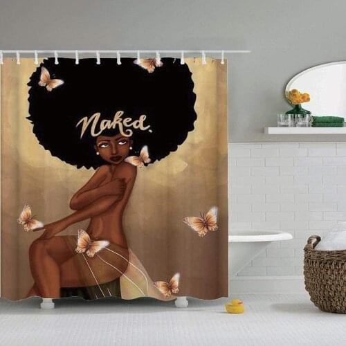 Black Art Abstract Hippie Girl Beige Waterproof Bathroom Shower Curtain