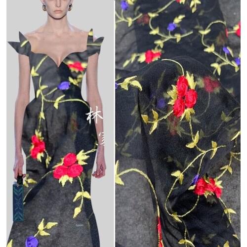 High-end Fashion Embroidered Silk Fabric Organza Fabric Black Bottom Dress Shirt Skirt Clothing Hanfu Fabric Designer Sewing