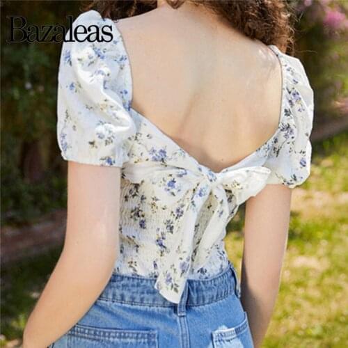 Bazaleas Chic Purple Floral Print ropa mujer Fashion blouse women harajuku Backless Bow shirt Vintage short Sleeve Blouse