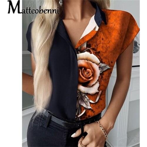 2021 Summer Vintage Floral Printed T-Shirts Womens Casual Slim Splicing Lapel Short-Sleeved Shirt Ladies Streetwear Blouse Tops