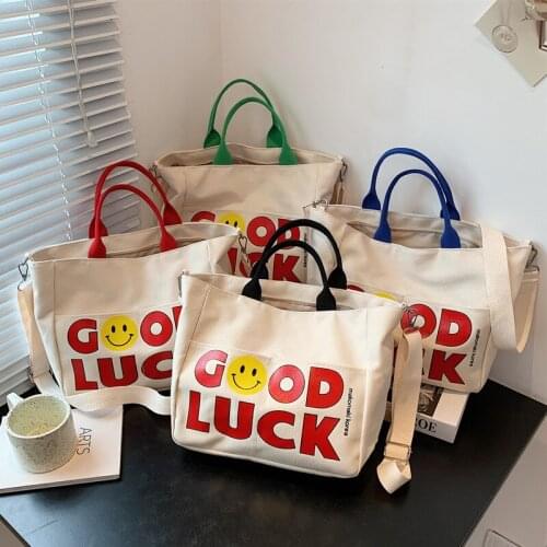 Good Luck Canvas Handbag Women Large Capacity Shoulder Bag Cartoon Smile Top-handle Bag Casual Lady Tote Shopping Weekend Bag