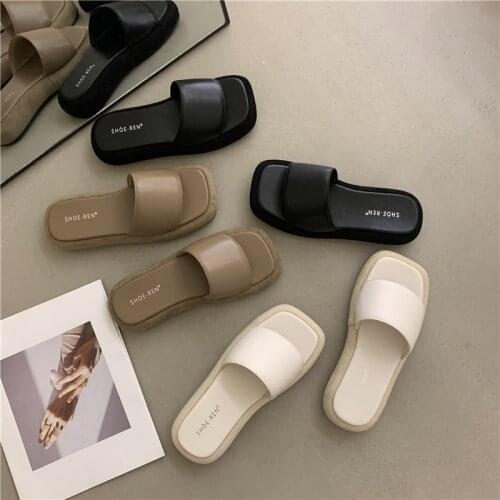 Med Heel 2021 Street Style Chunky Heel Patchwork Platform Slides Women Summer Beach Outdoor Designer Slippers Ladies Sandals