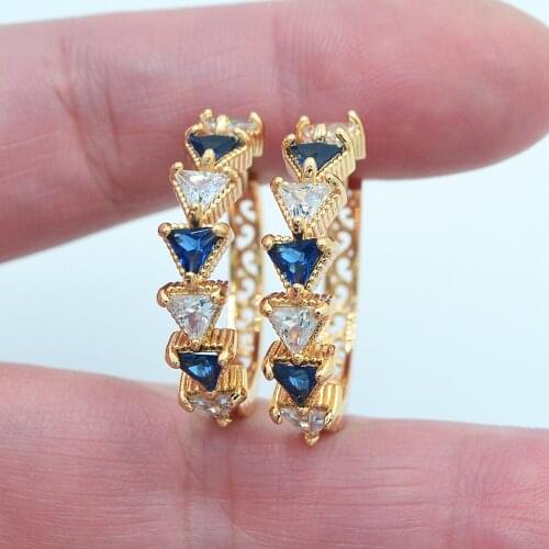 Gold Color Women Fashion White Blue Cubic Zirconia CZ Triangle Huggie Hoop Earrings Jewelry