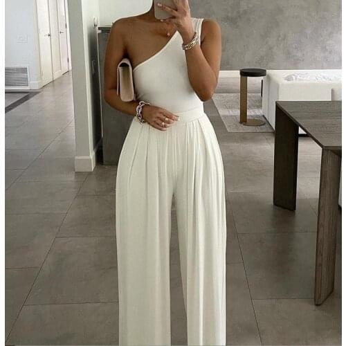 2021 Summer Casual Fashion Single Shoulder Sexy Concise Asymmetrical Comfortable Jumpsuits Women High Waist Solid Rompers OL New