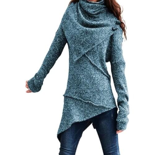 Ele-Choices Vintage Women Autumn Winter Turtleneck Knitted Sweater Irregular Hem Slim Jumper