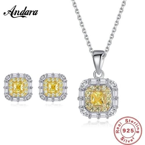 New 100% 925 Sterling Silver Jewelry Set Fashion Square Yellow Gem stone Earrings Necklaces Sets Female Woman Luxury Jewelry