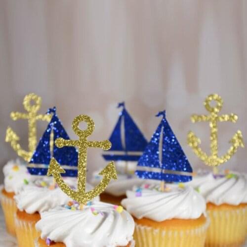 12 Pcs/set Kawaii Glitter Sailing Boat Anchor Cake Toppers Cupcake Topper for Happy Birthday Party Baby Shower Party Decorations