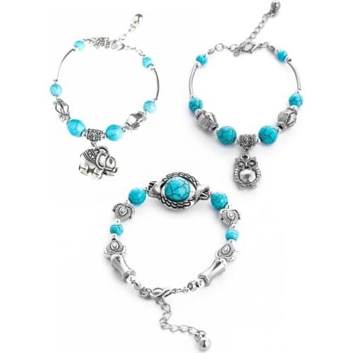 Vintage green stone Turquoise Elephant owl Pendant Adjustable bell Bracelet Women men Lovers Gift Gypsy Jewelry Accessories