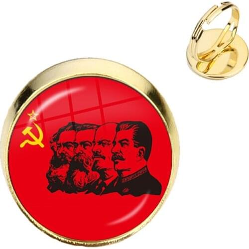 Soviet USSR Stalin Lenin Adjustable Rings Classic Red Star Hammer Sickle Communism Emblem CCCP Glass Cabochon Jewelry Gift