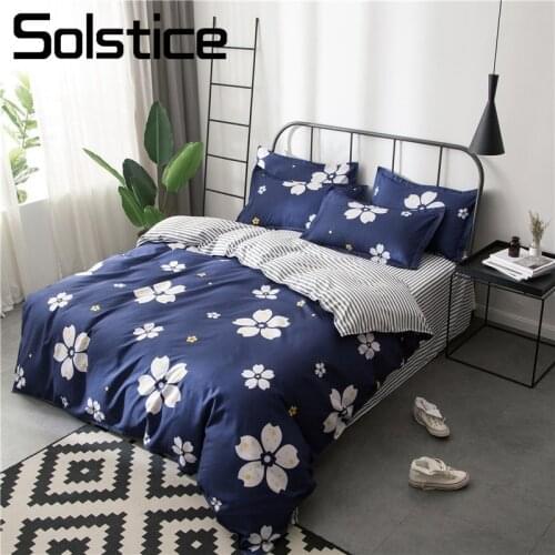 Solstice Home Textile Dark Blue Flower Duvet Cover Pillowcase Stripe Bed Sheet Girl Teen Adult Woman Bedding Linen Set King Twin
