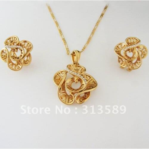Foromance/ FLOWER SHAPED- YELLOW GOLD OVERLAY 24" FIGARO NECKLACE EARRING SET CZ/GREAT GIFT