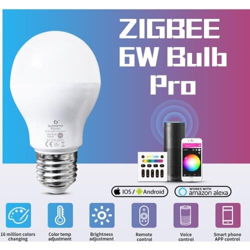 GLEDOPTO Smart ZigBee 3.0 6W LED Bulb Pro RGBCCT E27/E26 Light Bulb Work with Alexa Echo Plus SmartThings APP/Voice/RF Remote